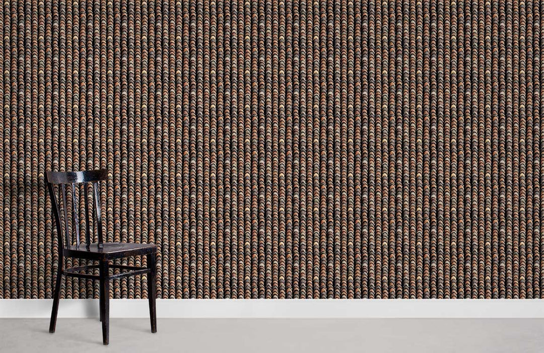 Elegant bronze-black chevron wallpaper, chic wall decor, minimalist room, dark wooden chair, grey flooring.