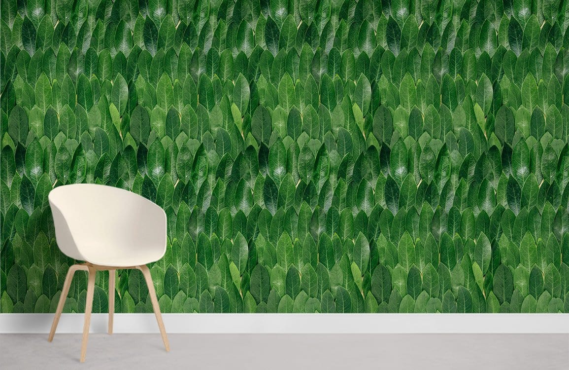 Green botanical wallpaper, Verdant Leafy Escape, with white modern chair, neutral flooring, contemporary setting.