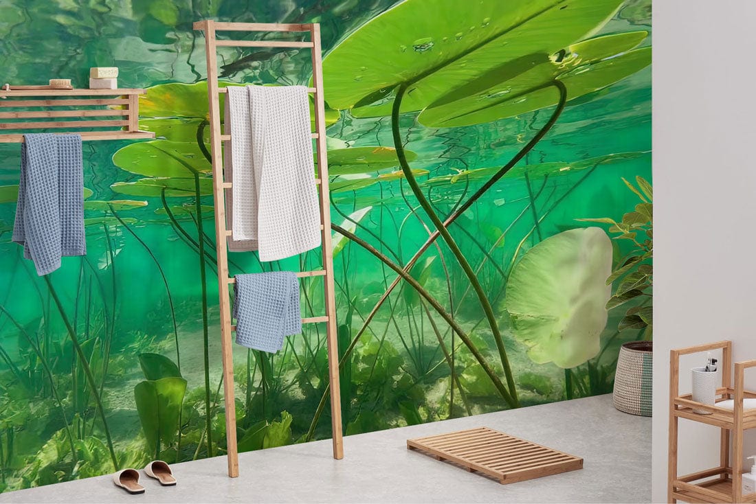 Tranquil Underwater Lily Pond Mural Wallpaper, serene green tones, wooden ladder, minimalist bathroom decor.