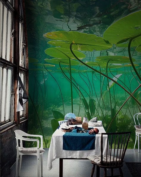 Tranquil underwater lily pond mural wallpaper with white dining table, chairs, and large windows.