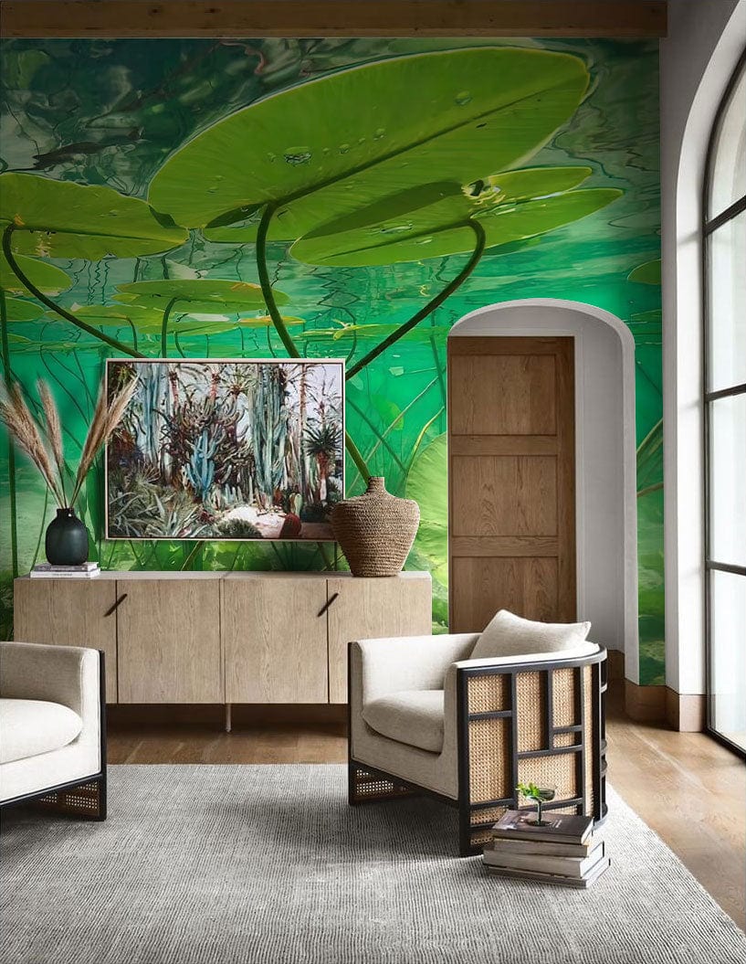 Tranquil Underwater Lily Pond Mural in green, with armchairs, neutral rug, and wooden flooring.