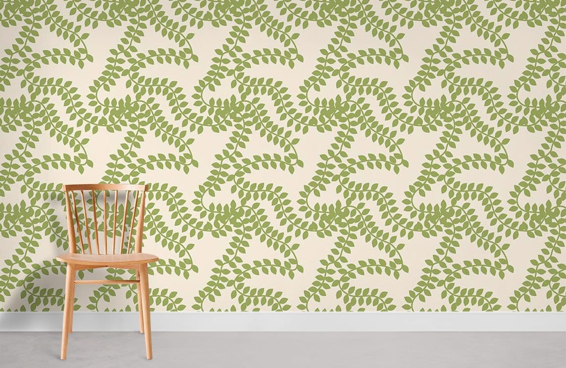 Green fern wallpaper with natural botanical design, wooden chair, light grey flooring in modern room.