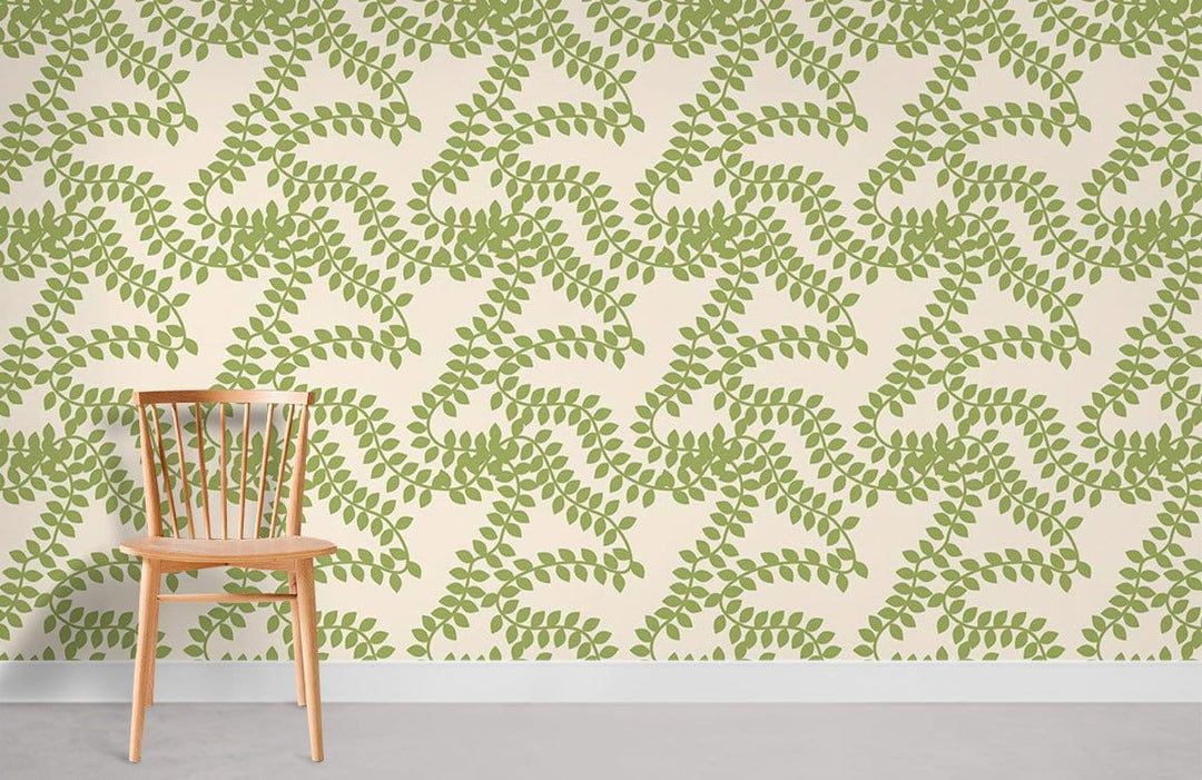Green fern wallpaper with natural botanical design, wooden chair, light grey flooring in modern room.