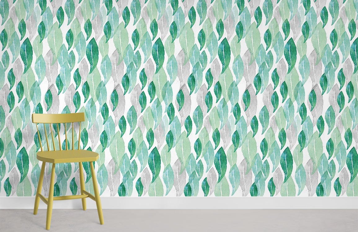 Elegant green leaf watercolour wallpaper in modern decor with wooden chair, grey flooring.
