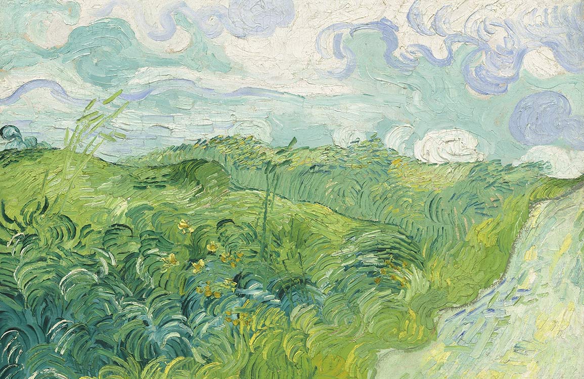 Serene Pastoral Landscape Mural Wallpaper in Vibrant Green and Blue Hues