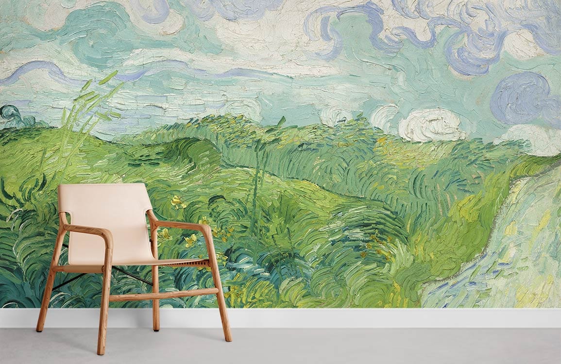 Serene Pastoral Landscape Mural in vibrant hues, beige armchair, minimalist style, light flooring.
