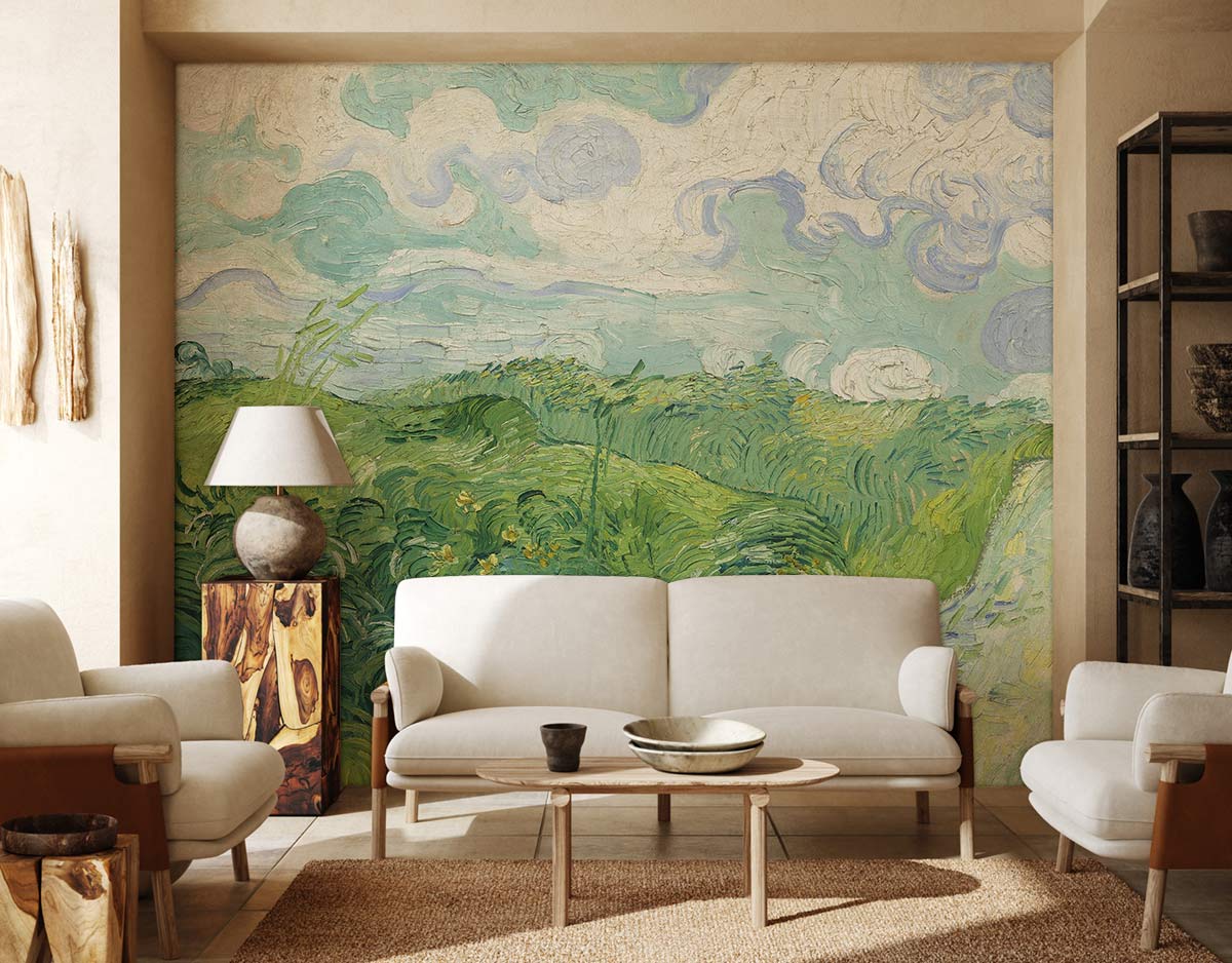 Serene mural wallpaper in room with cream sofas, beige walls, wooden flooring, and rustic decor elements.