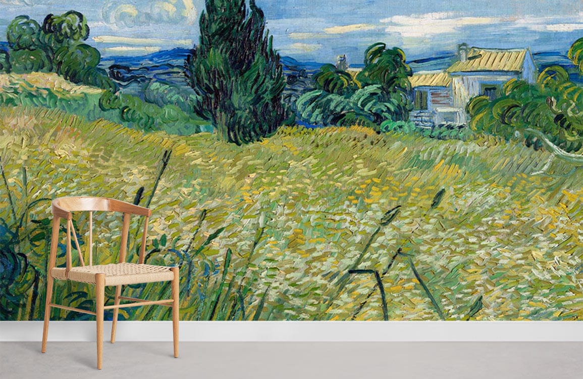 Chair against Serene Countryside Landscape Mural Wallpaper, vibrant greens and blues, light wood flooring.