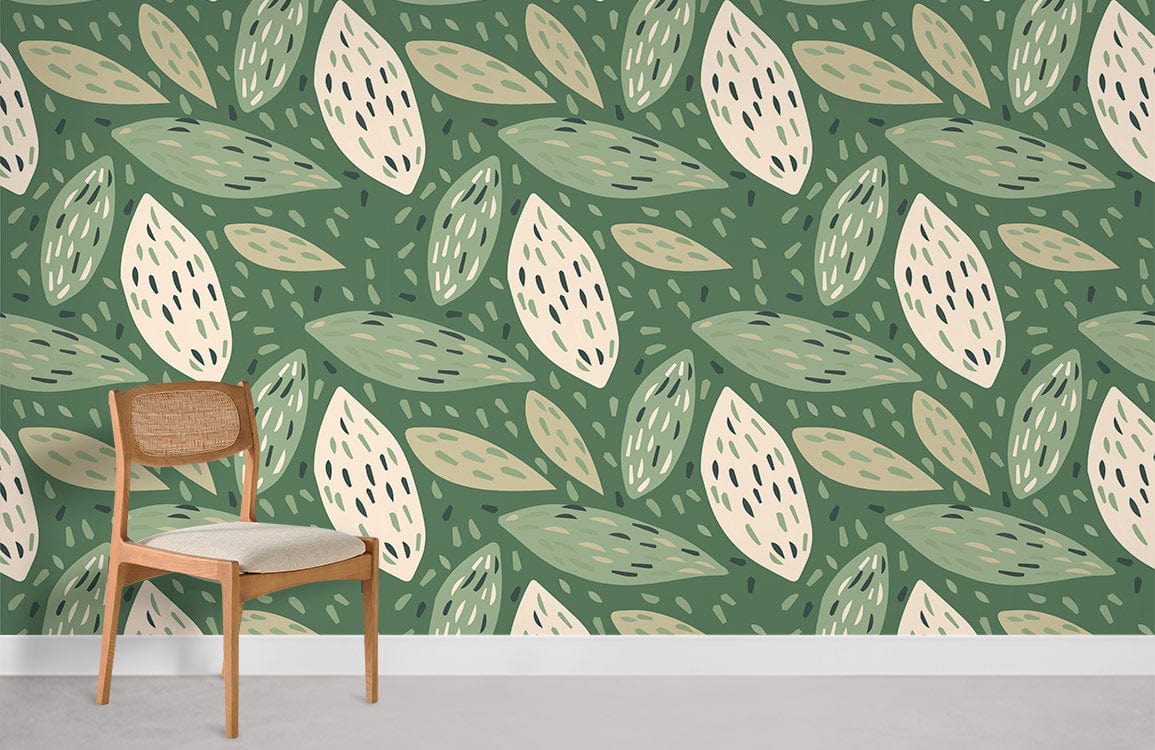 Botanical green leaf wallpaper with wooden chair, beige cushion, grey flooring; stylish home decor solution.