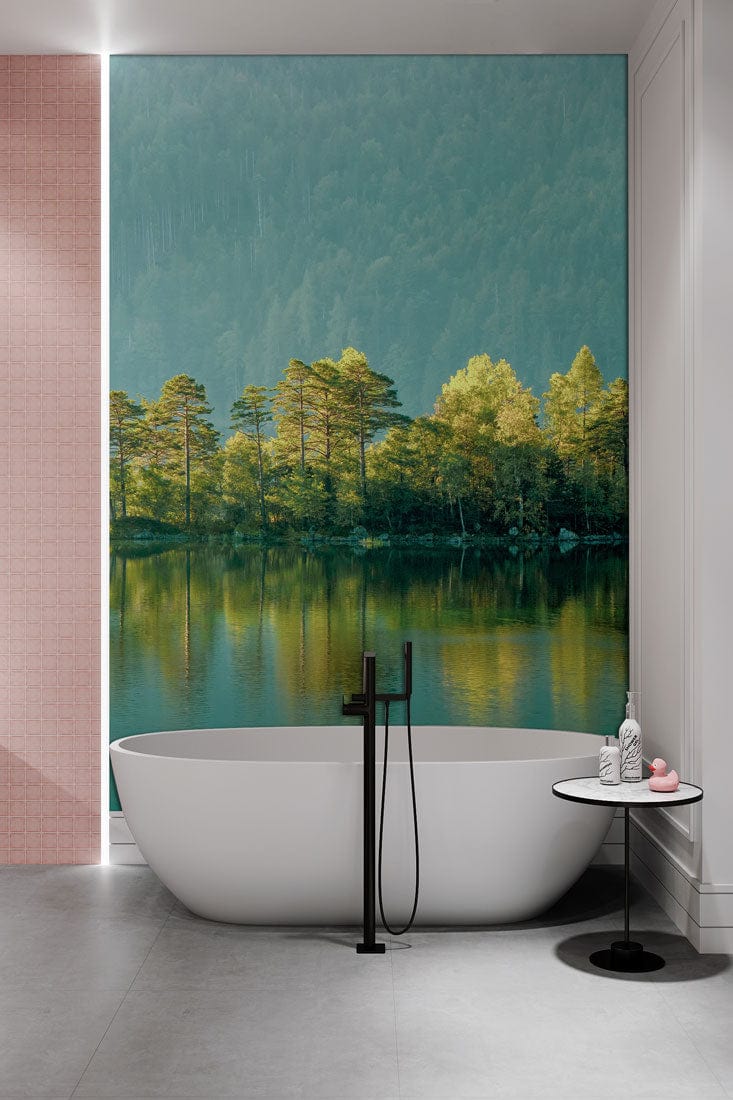 Idyllic Forest Island Lake Mural Wallpaper in bathroom setting with modern white bathtub and sleek flooring.