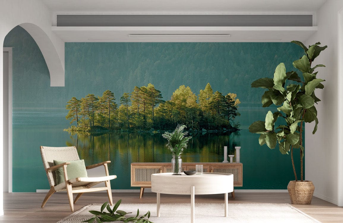 Idyllic mural wallpaper with green forest, natural-toned armchair, wooden flooring, and tranquil decor in living room.