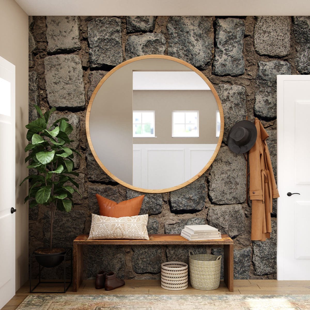 Rustic Cobblestone Wallpaper in grey, with round mirror, hallway bench, beige walls, and stylish decor.