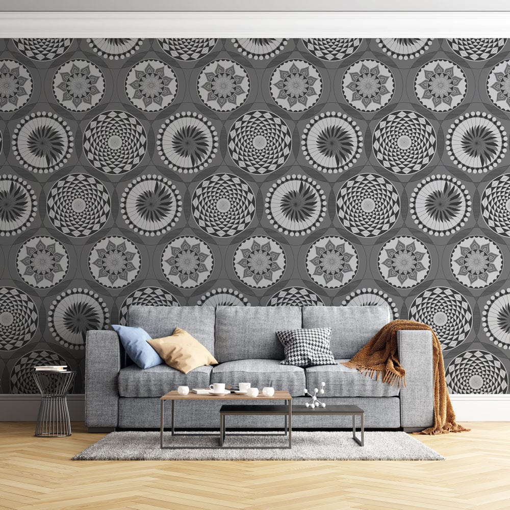 Monochrome geometric circle wallpaper in retro style, grey sofa, herringbone floor, modern living room.