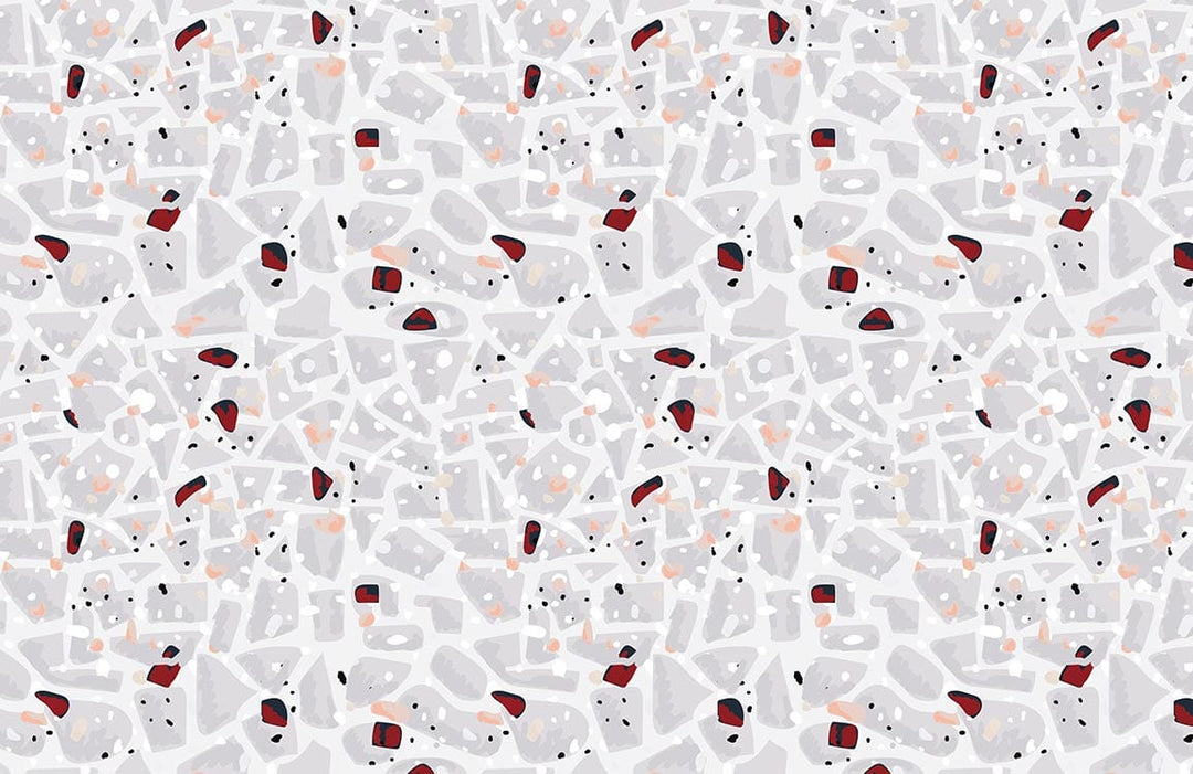 Contemporary Abstract Terrazzo Pattern Wallpaper in Grey, Red, Black, and White