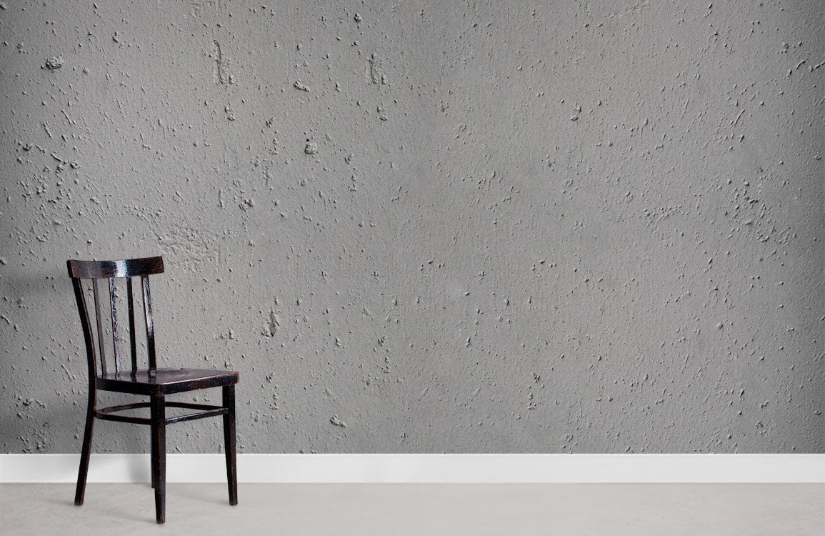 Modern grey concrete texture wallpaper, industrial chic interiors, black wooden chair, minimalist room design.