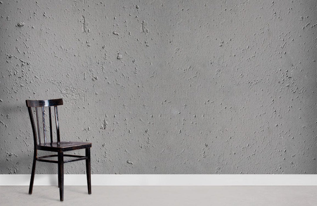 Modern grey concrete texture wallpaper, industrial chic interiors, black wooden chair, minimalist room design.