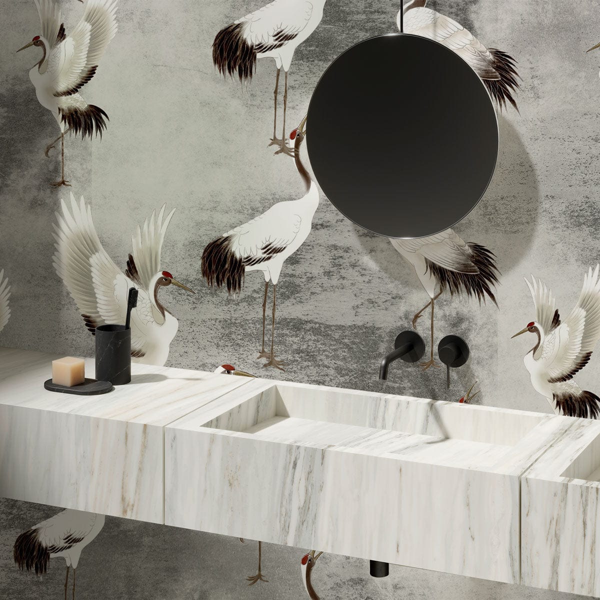 Graceful Crane Dance wallpaper with marble vanity and round mirror in modern bathroom setting.