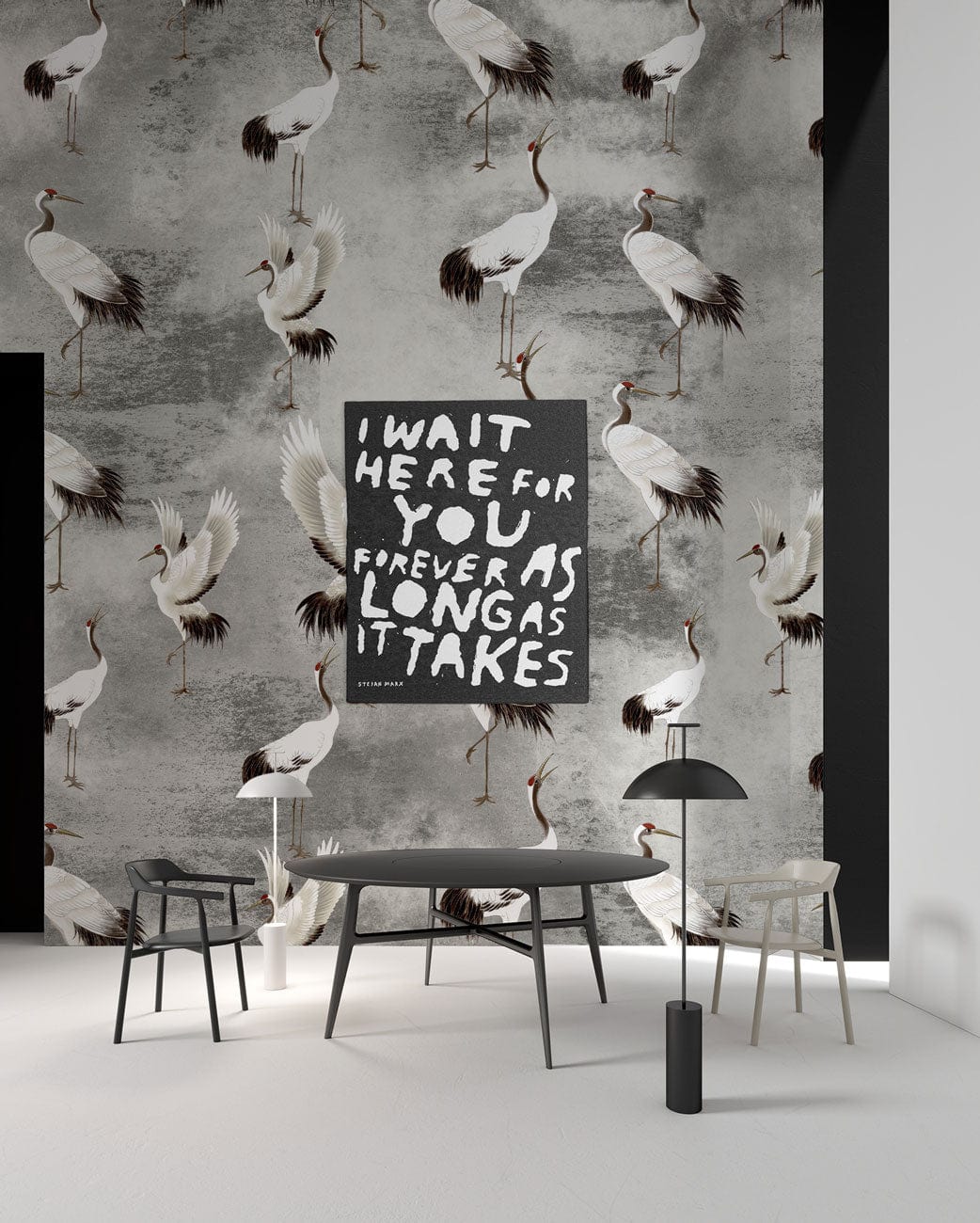 Graceful Crane Dance wallpaper; grey, white cranes; modern lounge with black, grey chairs, abstract art.