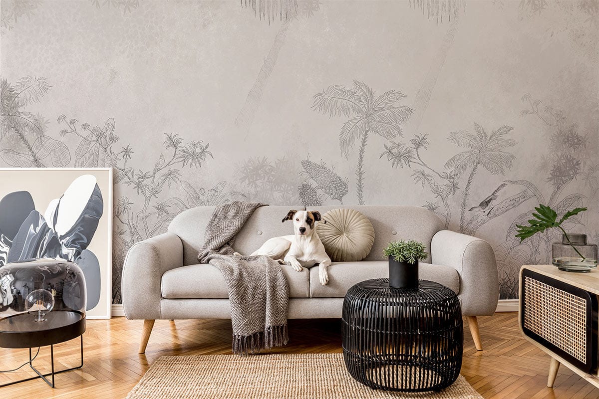 Elegant botanical mural wallpaper, grey sofa, parquet flooring, tropical jungle design enhances stylish room ambience.