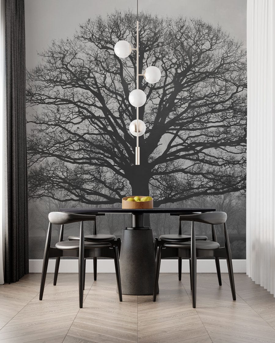 Majestic Black Oak Tree Wallpaper in modern dining room with black furniture and wood flooring.