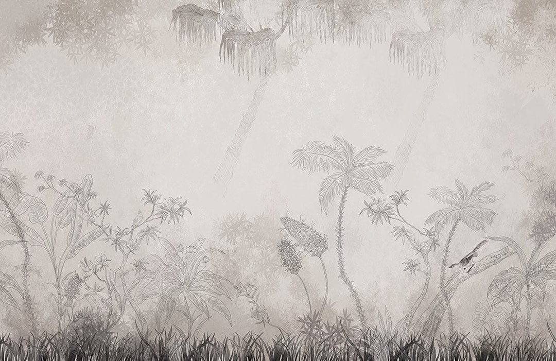 Graceful Monochrome Tropical Jungle Mural Wallpaper with Elegant Botanical Design