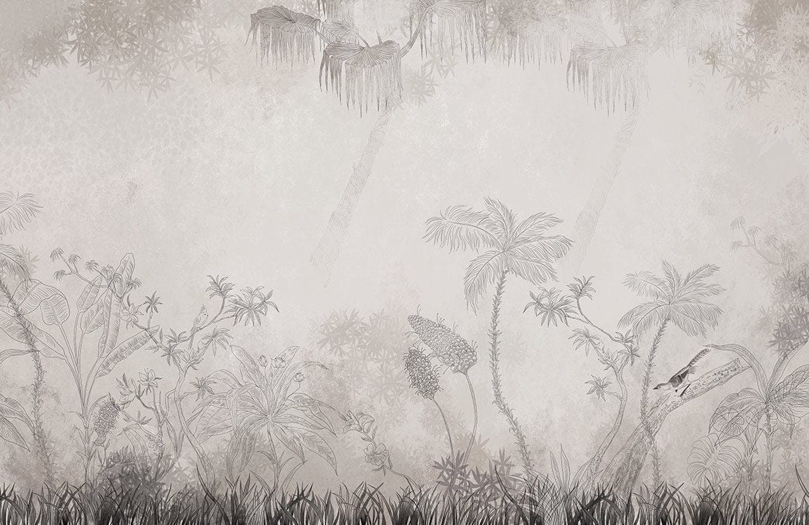 Graceful Monochrome Tropical Jungle Mural Wallpaper with Elegant Botanical Design