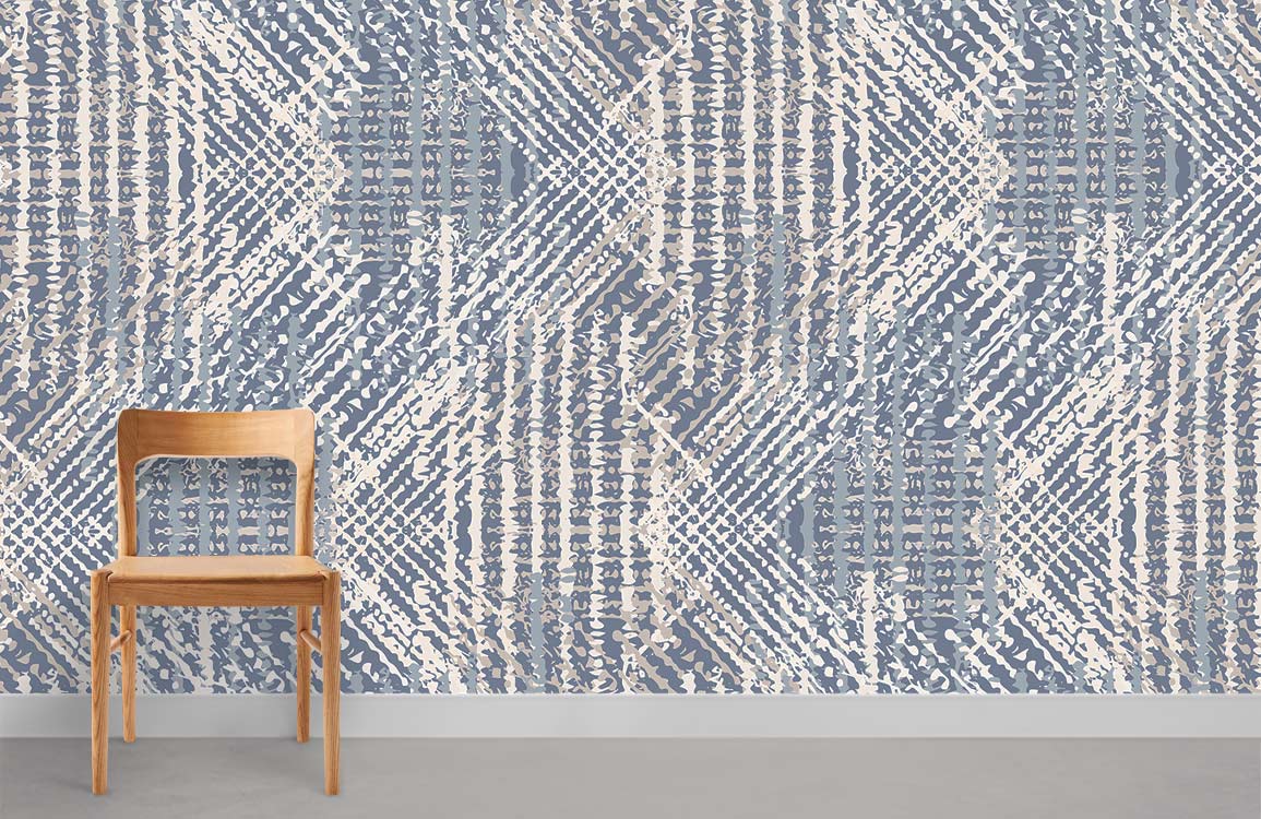 Elegant blue and beige geometric wallpaper, modern interior, light wood chair, grey floor, stylish design.