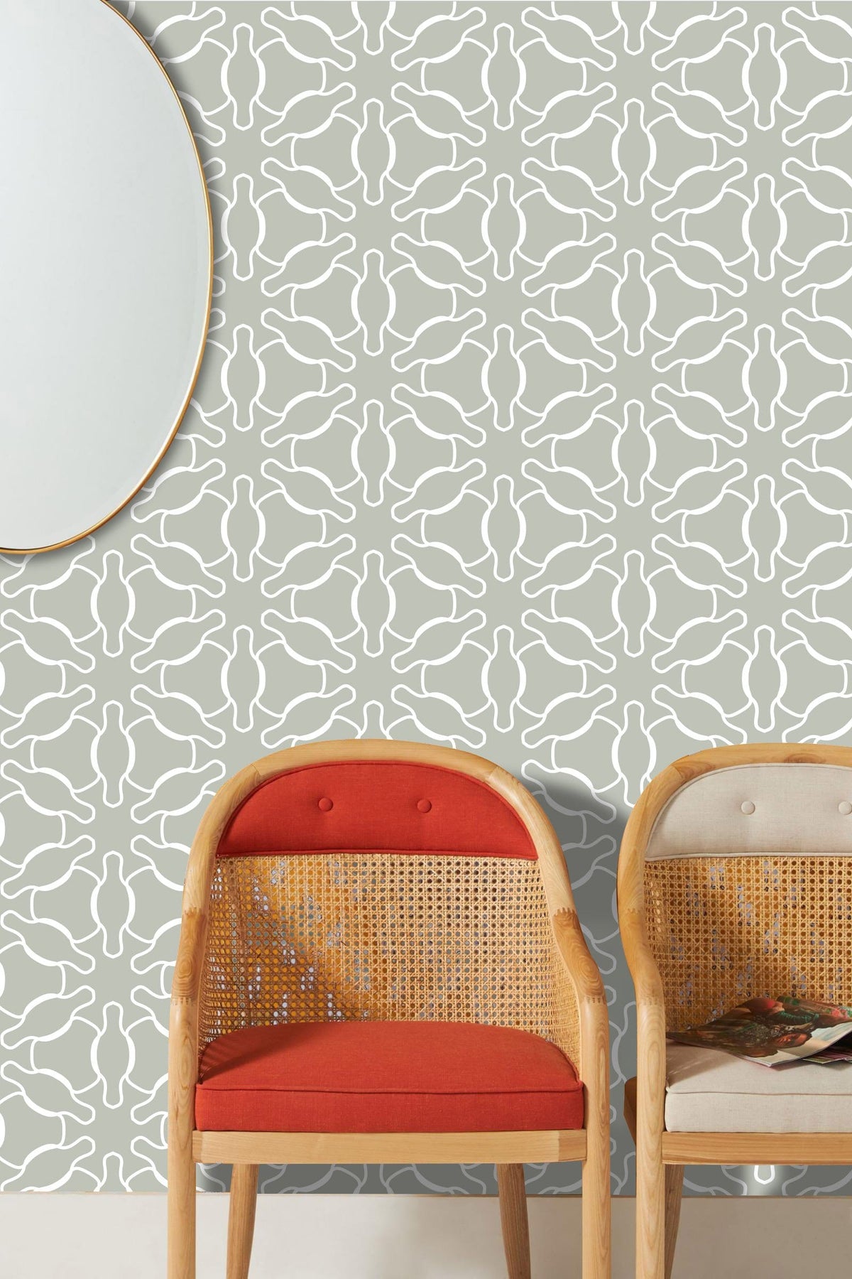 Elegant sage abstract wallpaper, modern chairs, decorative wall mirror, stylish home decor room setting.