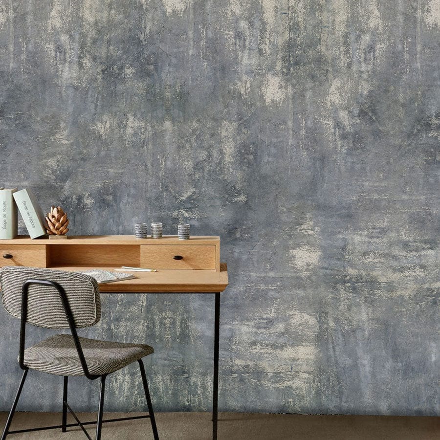 Icy Blue Mist wallpaper in study room, featuring wooden desk, grey chair on carpet flooring.
