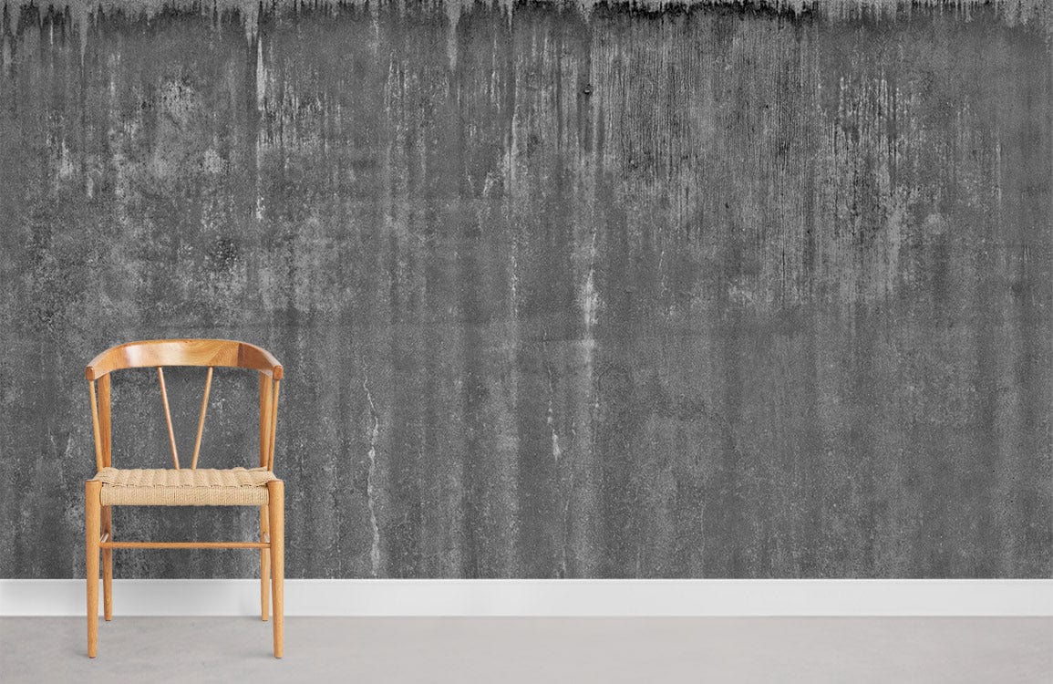 Industrial chic grey concrete textured mural wallpaper, wooden chair, modern interior setting, minimalist Décor.