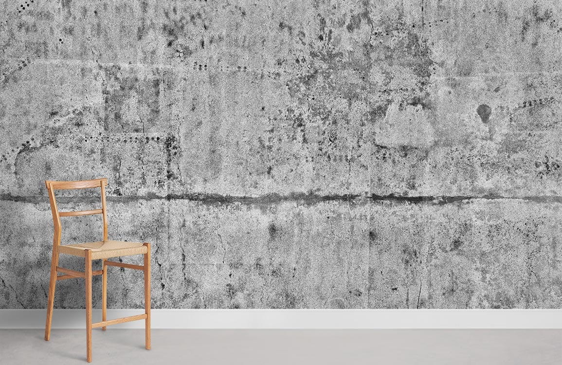 Industrial grey concrete textured wall mural with chair, concrete flooring, urban style interior design.