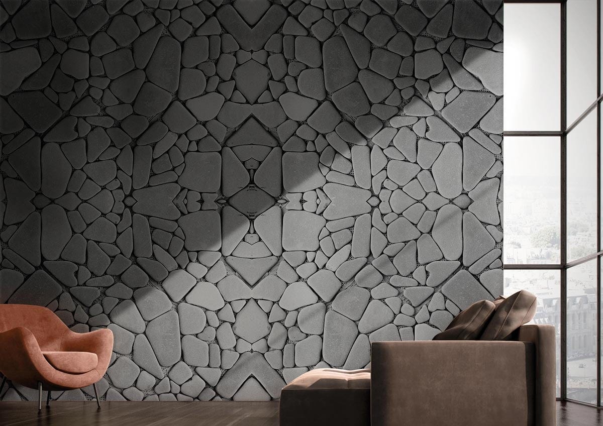 Grey stone mosaic wallpaper in modern living room with brown sofa, plush chair, and wood flooring.