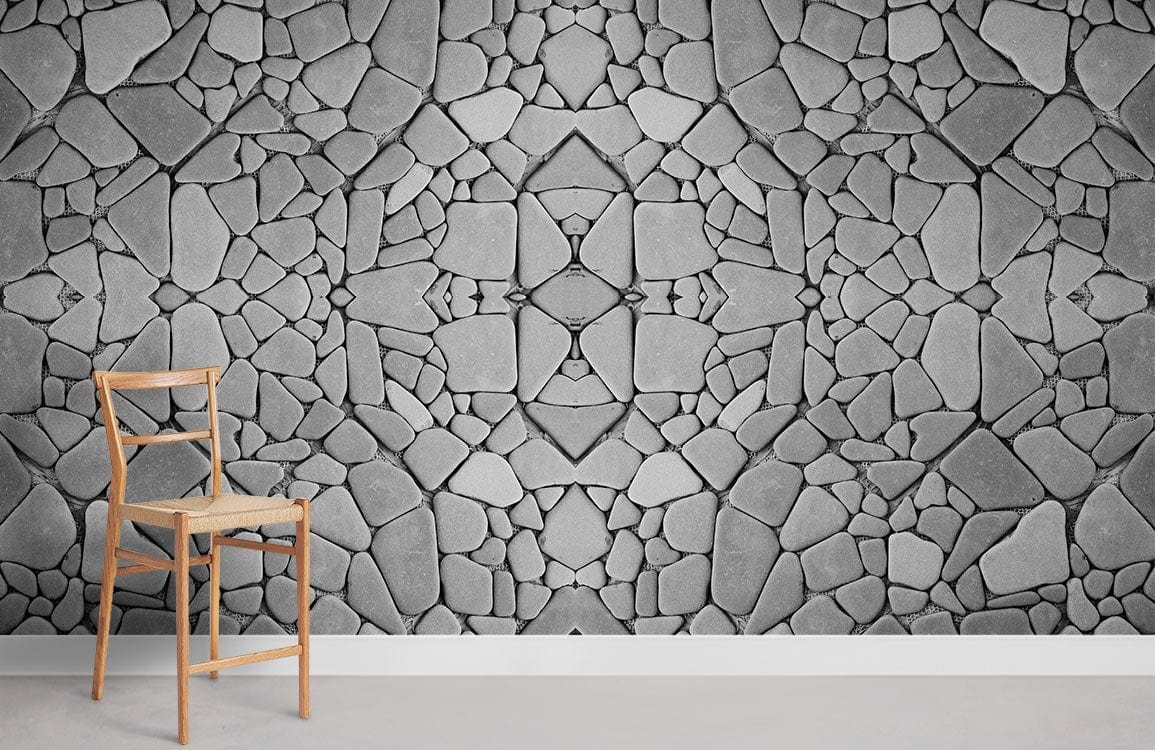 Grey stone mosaic wallpaper, wooden chair, modern geometric wall decor, in a bright, minimalist room.