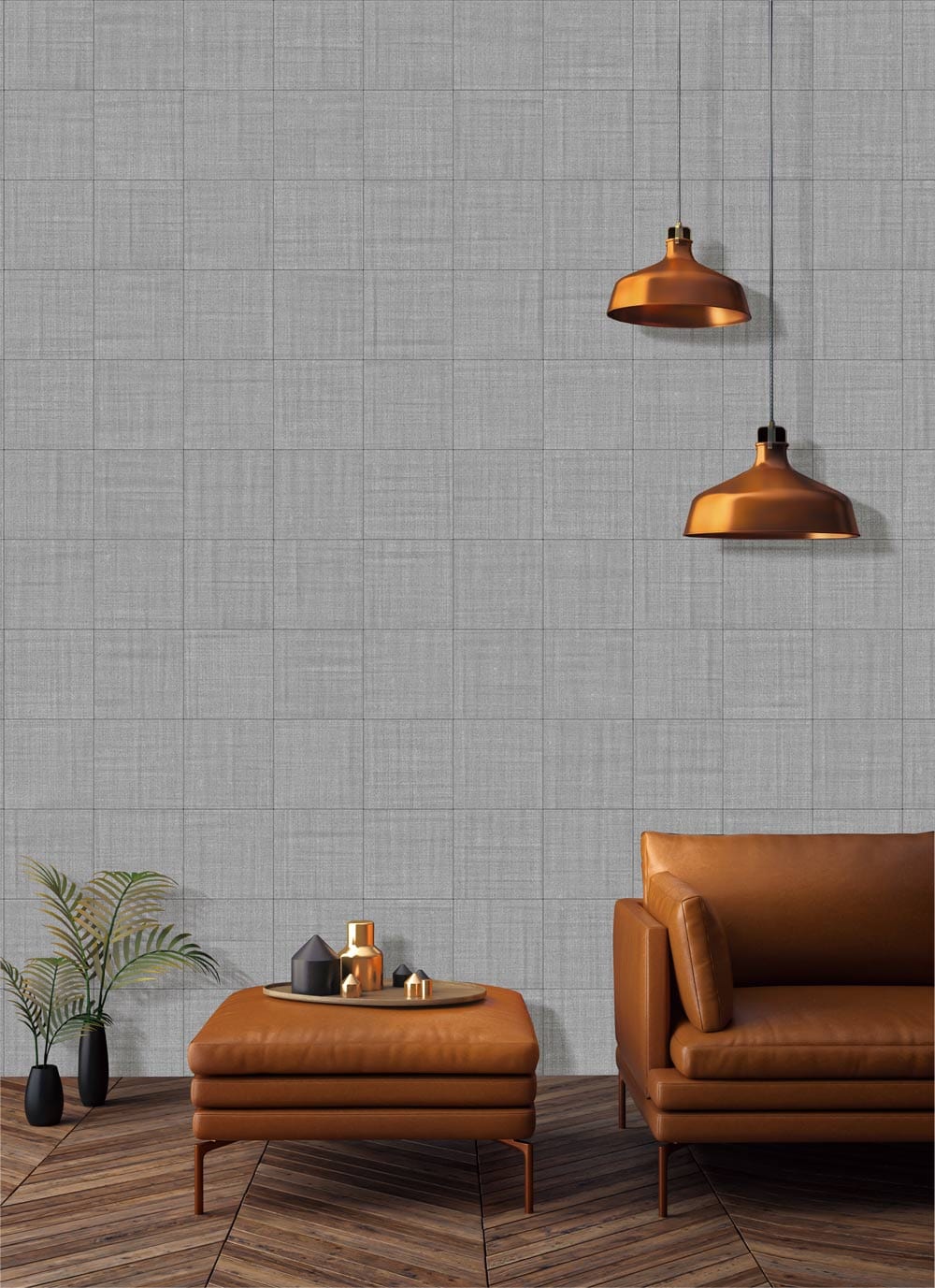 Contemporary grey textured linen wallpaper, brown leather sofa, parquet flooring, copper pendant lights, modern interior.