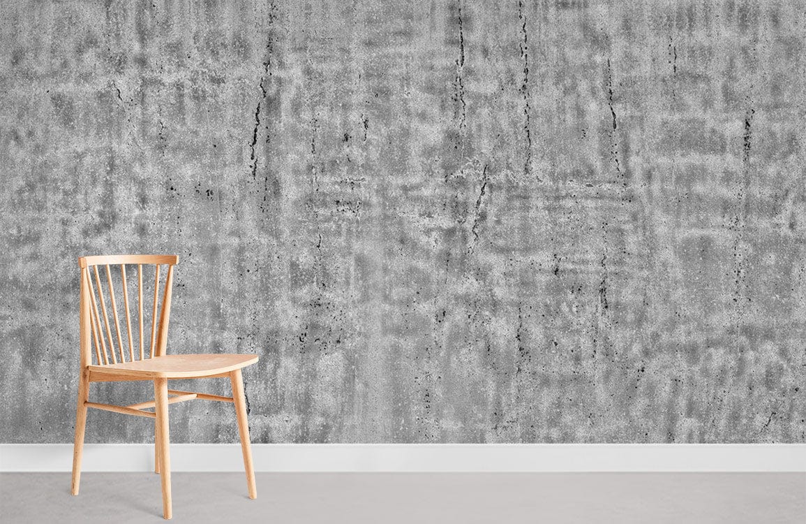 Industrial grey concrete texture wallpaper with wooden chair in modern minimalist room setting.