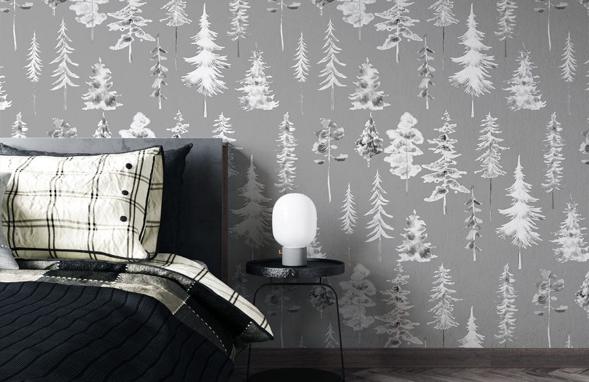 grey watercolor forest wall mural bedroom decor