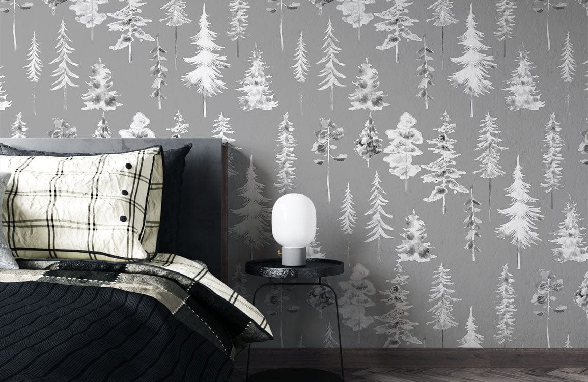 Grey Woodland Forest Patterned Wallpaper in bedroom with modern grey bed, checked pillows, sleek nightstand.