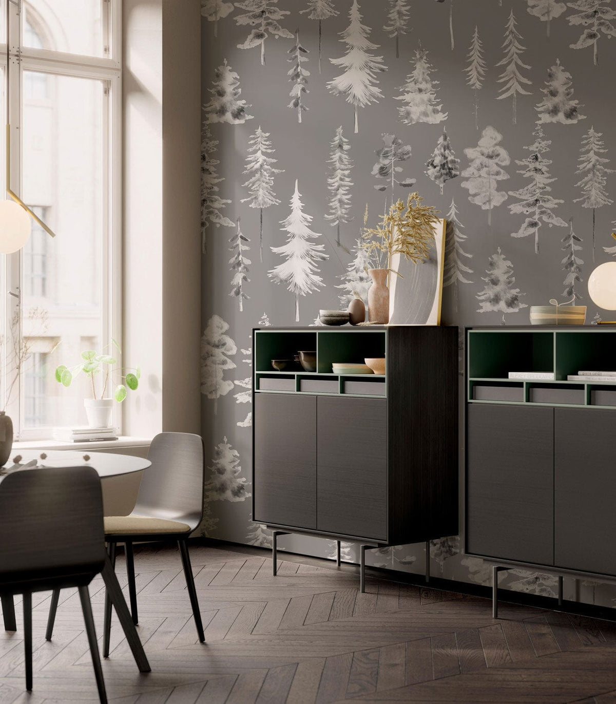 Grey woodland wallpaper with black cabinets, elegant dining chairs, dark herringbone flooring, large window.