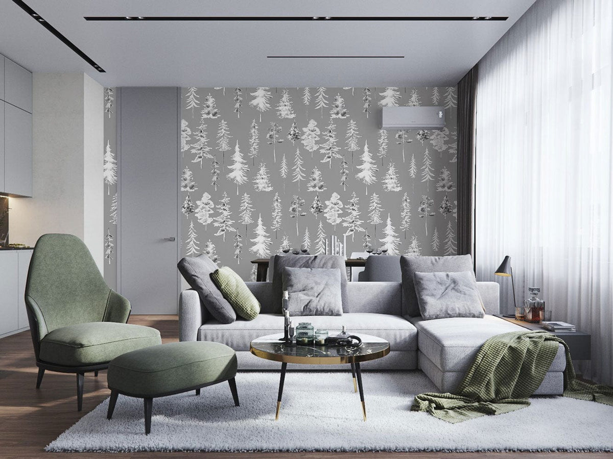 Grey woodland forest wallpaper enhancing elegant living room; includes grey sofa, green chairs, wood flooring.