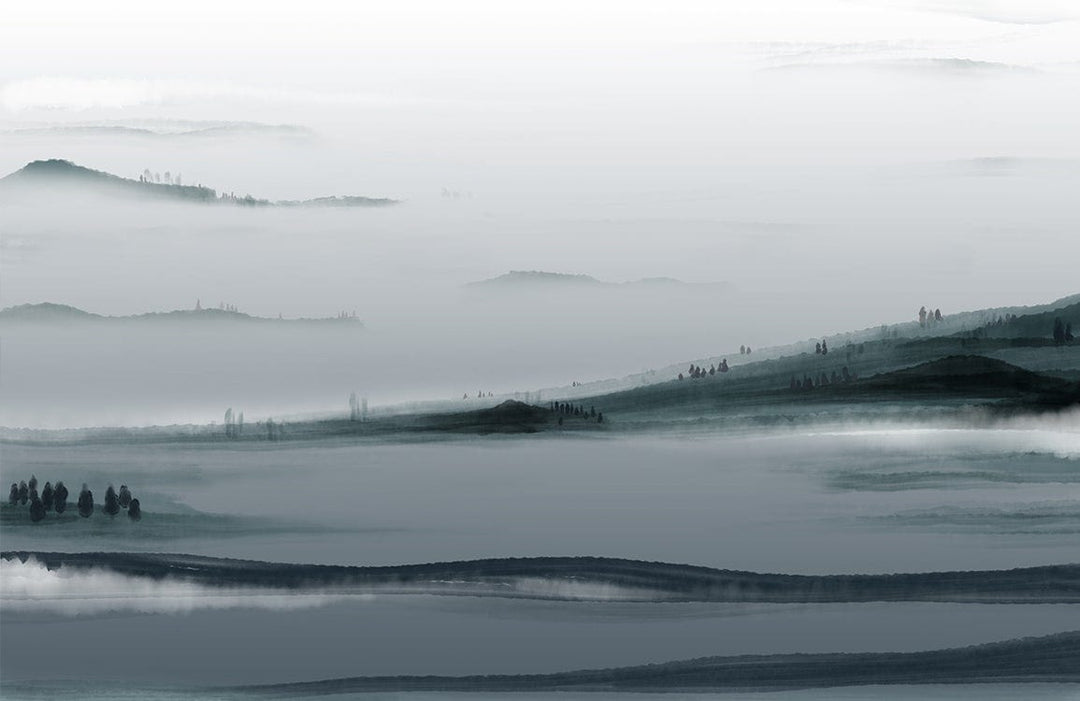 Serene Misty Landscape Mural Wallpaper in Soothing Blue-Green Watercolour Style