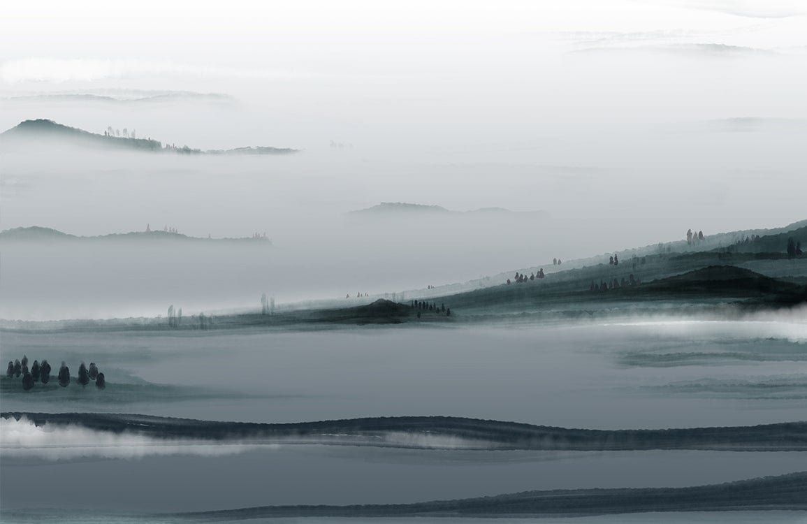 Serene Misty Landscape Mural Wallpaper in Soothing Blue-Green Watercolour Style