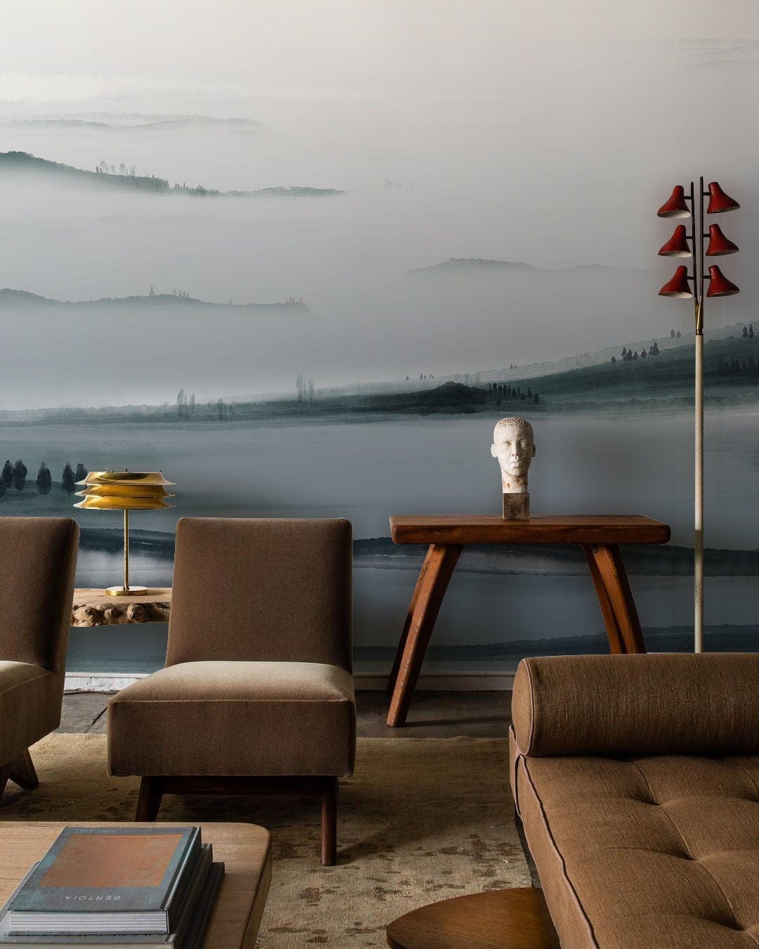 Serene Misty Landscape mural in blue-green watercolour style, brown chairs, wooden table, room decor.