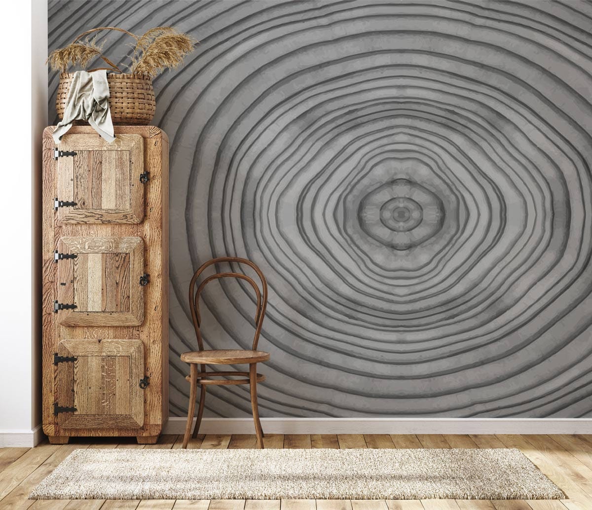Grey concentric wallpaper, geometric style, wooden cabinet, rustic chair, wooden flooring, modern decor.