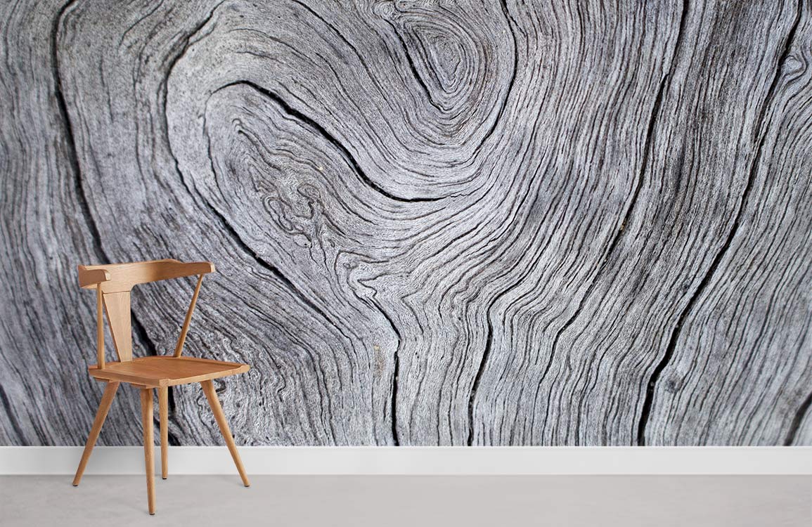Wood Grain Wallpaper, rustic design. Brown chair, concrete floor, modern style in grey-themed room.