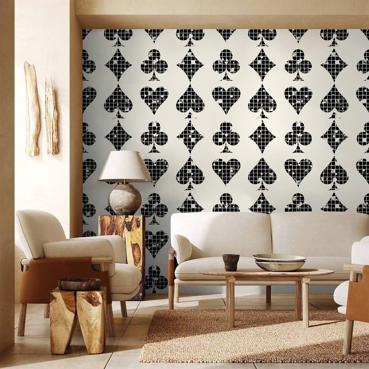 Monochrome geometric wallpaper with modern furniture, beige walls, and textured flooring in stylish living room.