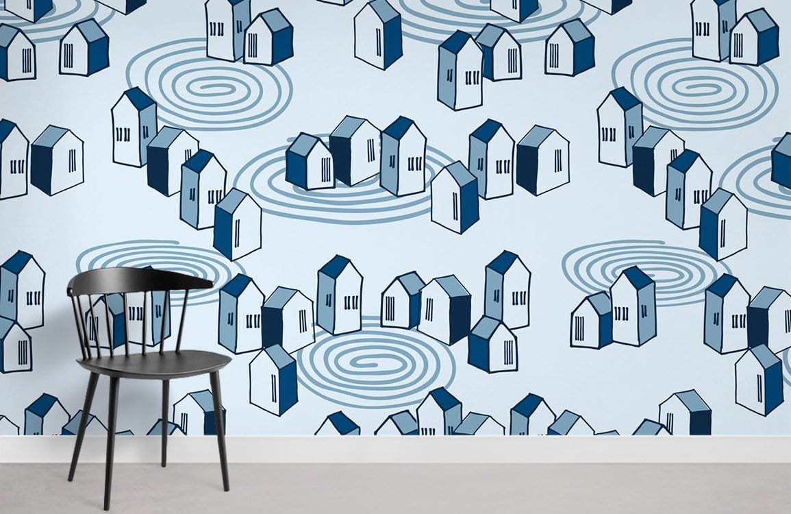 Charming Blue Geometric Houses wallpaper in modern room with black chair and light-coloured flooring.