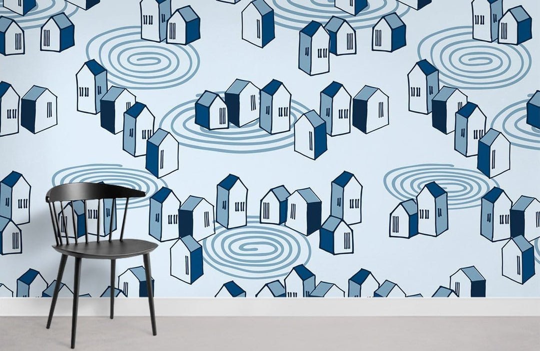 Charming Blue Geometric Houses wallpaper in modern room with black chair and light-coloured flooring.