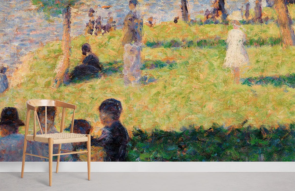 Impressionist pastel park scene mural wallpaper, wooden chair, grey flooring, tranquil green tones.