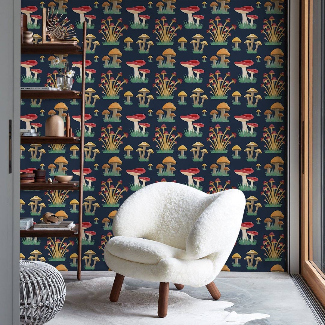 Vintage Dark Woodland Mushroom Pattern Wallpaper - Colourful Retro Design