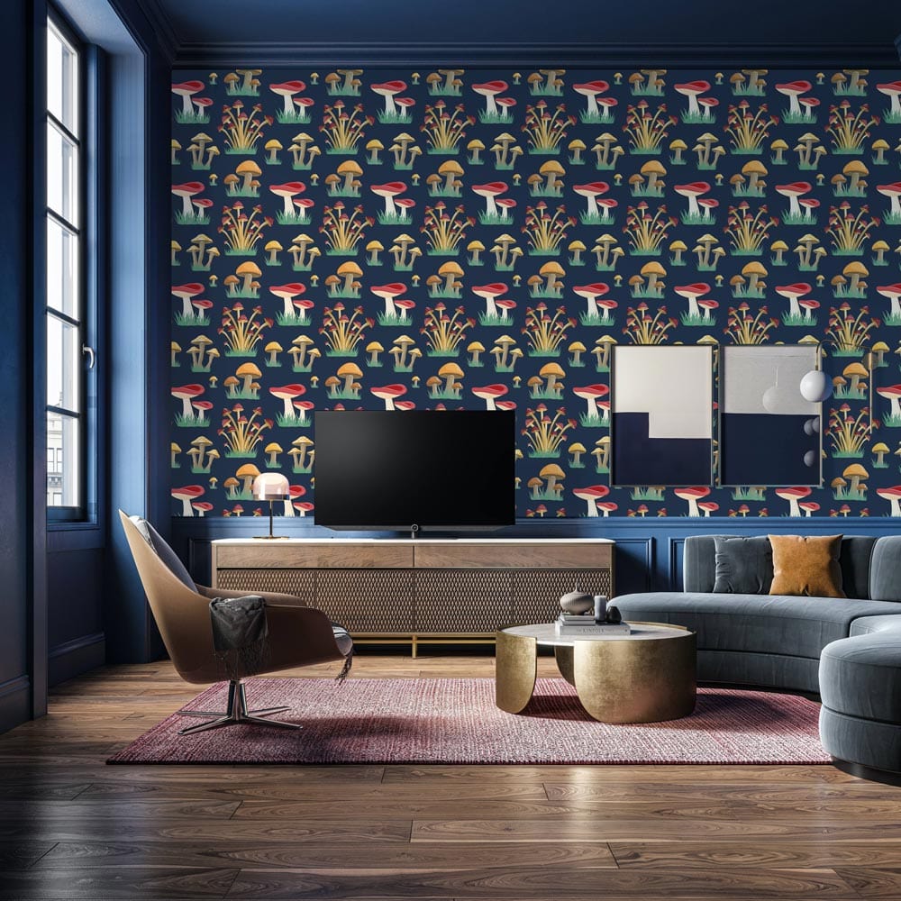 Vintage Dark Woodland Mushroom Pattern Wallpaper - Colourful Retro Design